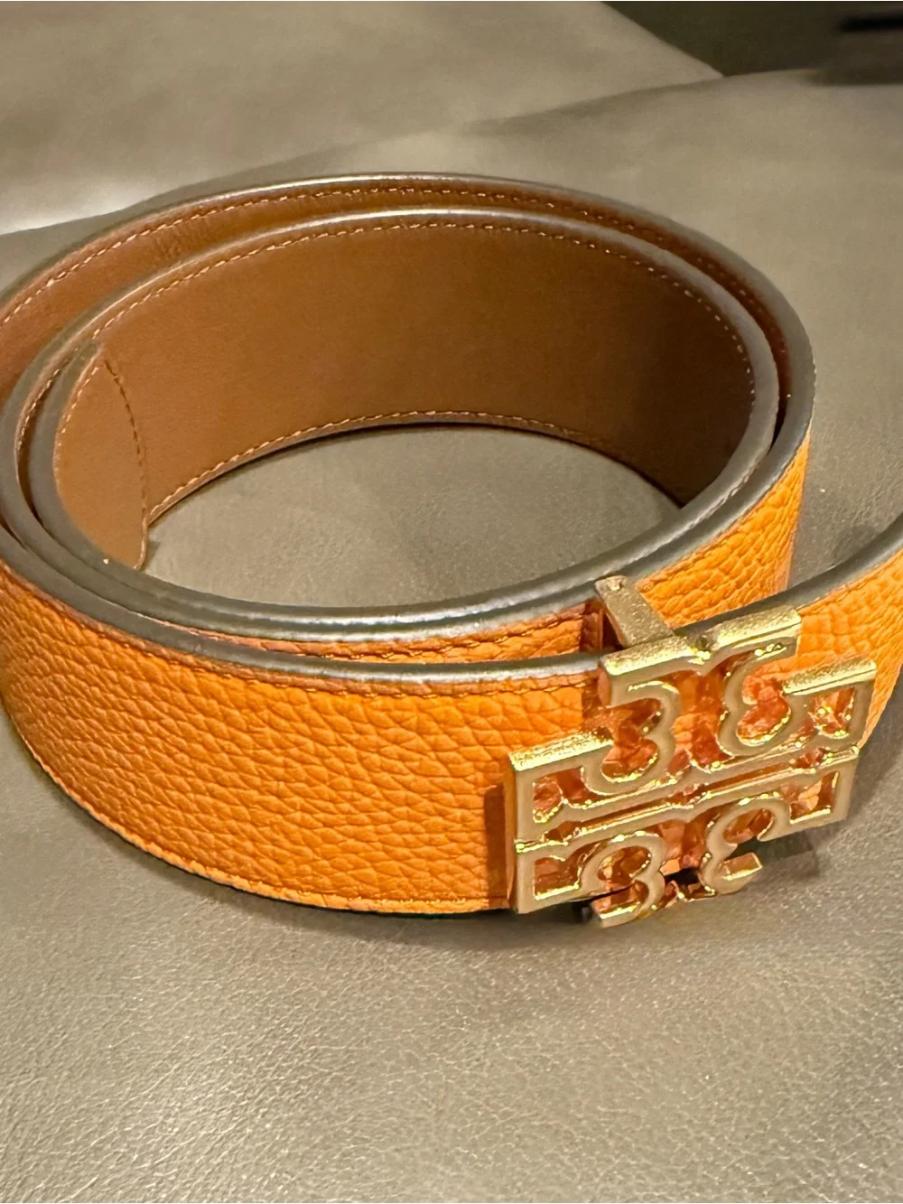 NWT Tory Burch Reversible Britten Leather Belt 1.5” XS Orange Citrine Moose Gold